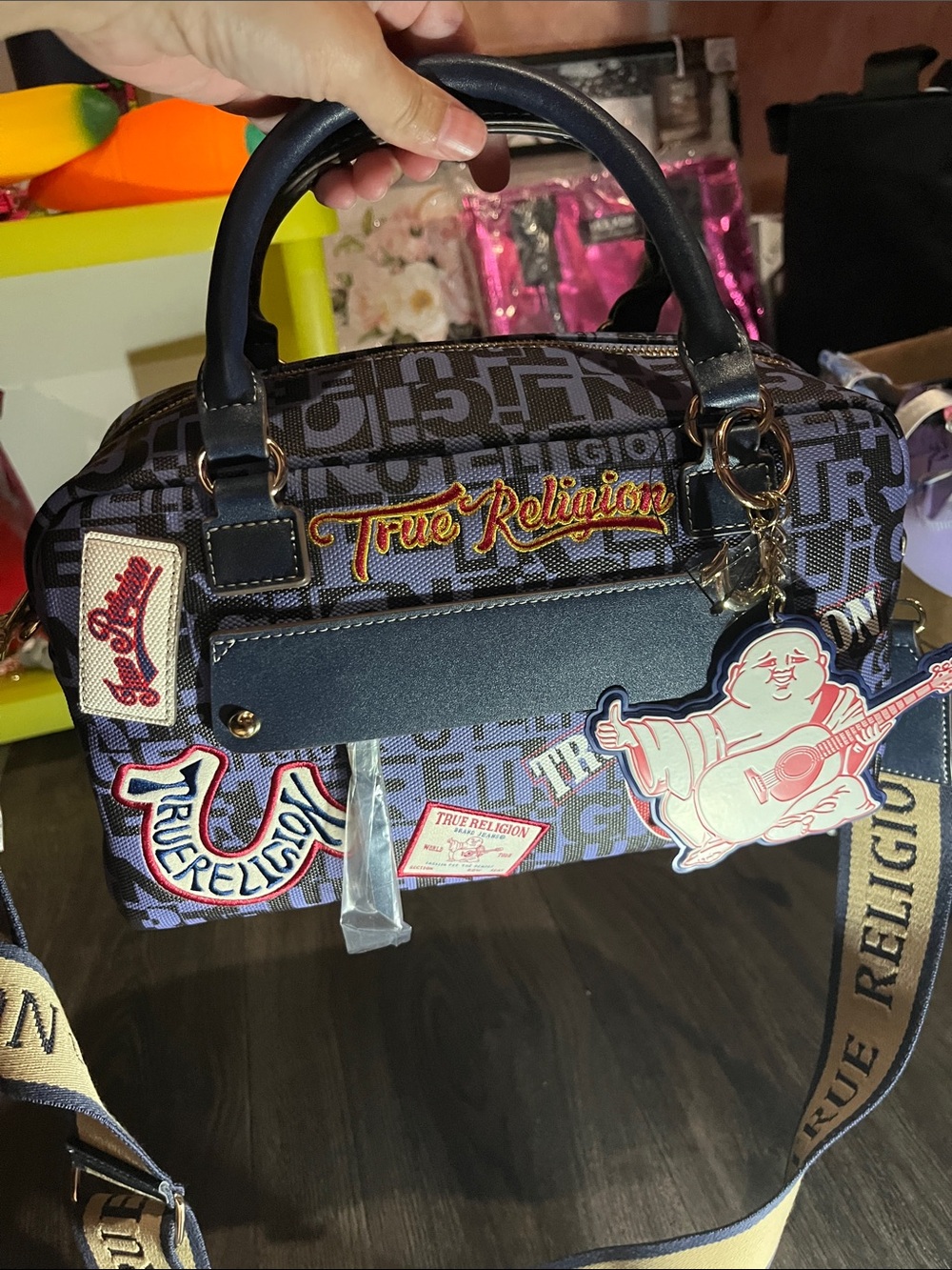 True Religion Navy Logo Satchel with Beige Strap and Patch Charms - Picture 2 of 10